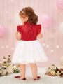 Infant Girls' Color Block Floral Embroidery Mesh Splice Dress With Cap Sleeve