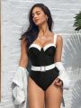 SHEIN Leisure Colorblock Push Up One Piece Swimsuit With Belt