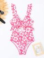 SHEIN Swim Vcay Women's Tropical Plant Print Ruffle One-Piece Swimsuit