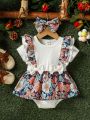 Baby Girl Floral Pattern Round Neck Romper With Ruffle Trimmed & Bow Decoration