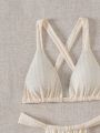 SHEIN Swim Basics Women'S Textured Halter Neck Swimsuit Set
