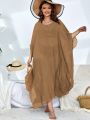 Plus Solid Batwing Sleeve Split Side Cover Up Dress