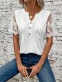 Women's Embroidered Mesh Short Sleeve Button Half Placket T-Shirt