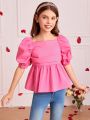 SHEIN Kids FANZEY Big Girls' Square Neck Puff Sleeve Top With Ruffle Hem Detail