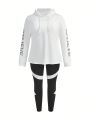 Plus Size Women's Letter Print Hooded Sweatshirt Contrasting Color Vest Trousers Sports Three-Piece Set