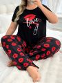 Plus Size Red Lips Printed Short Sleeve T-Shirt And Pants Pajama Set