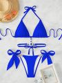 SHEIN Swim Summer Beach Rhinestone Decor Halter Triangle Bikini Set