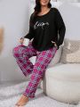 Plus Letter Graphic Tee & Plaid Pants PJ Set