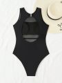 Mesh Insert & Hollow Out Back One Piece Swimsuit