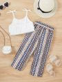 SHEIN Kids SUNSHNE Young Girls' Double-Layered Ruffle Hem Cami Top And Geometric Pattern Pants Two Piece Set