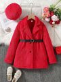 SHEIN Kids CHARMNG Tween Girl Lapel Neck Teddy Coat & Hat