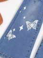 SHEIN Toddler Girls Butterfly Print Ripped Flare Leg Jeans