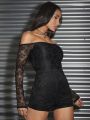 SHEIN BAE Women's Sexy Lace Off-Shoulder Backless Bodycon Jumpsuit With Tie Detail, Long Sleeve