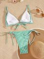 SHEIN Swim Basics Women'S Striped Pattern Knot Front & Side Tie Bikini Swimsuit Set