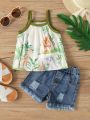 Baby Girl Set With Fashionable Contrast Color, Animal & Plant Print A-Line Vest And Ripped Washed Denim Shorts For Casual And Holiday In Spring/Summer