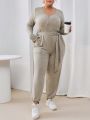 SHEIN Essnce Women's Plus Size Solid Color Zipper Half Placket Jumpsuit With Elastic Hem