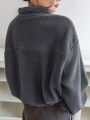 Dazy-Less Color Block Teddy Half Button Sweatshirt With Contrast Color Edges