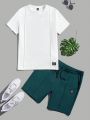 SHEIN Teen Boys' Casual Short Sleeve T-Shirt With Woven Label And Color Block Shorts Outfit, Summer