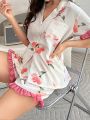 Women'S Floral Print Short Sleeve And Shorts Pajama Set