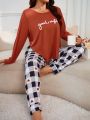 Plus Size Women's Slogan Printed Long Sleeve T-shirt & Heart Plaid Pants Pajama Set