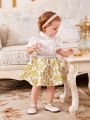 SHEIN Baby Girl Elegant Satin Bubble Short Sleeve Shirt With Floral Print Skirt Set