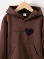 Little Girls' Casual Kangaroo Pocket Hooded Sweatshirt With Heart Embroidery For Autumn And Winter