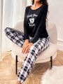 Women's Coffee Printed Long Sleeve T-shirt And Plaid Pants Pajama Set