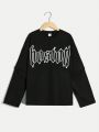 SHEIN Boys' Casual Letter Print Pattern Sleeves Ripped 2 In 1 Pullover Knitted T-Shirt