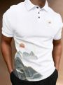 Men Mountain & Sun Print Polo Shirt