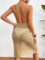 SHEIN Swim BohoFeel Ladies' Solid Color Hollow Out Knitted Halter Neck Backless Top