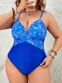 SHEIN Swim Vcay Plus Size Marble Print Patchwork One-Piece Swimsuit