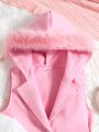 SHEIN Kids FANZEY Tween Girl Solid Tee & Fuzzy Trim Hooded Vest Coat & Skirt