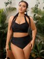 SHEIN Swim Vcay Plus Size Solid Color Pleated Halter Neck Bikini Set