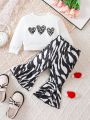 Baby Girl's Zebra Print Heart Pattern Short Sweatshirt And Animal Texture Bell Bottoms