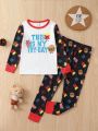 Young Boy Letter & Cartoon Graphic Contrast Binding PJ Set