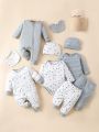 SHEIN Newborn Baby Boys' Universe Elements Printed Romper With Hat, Bib, And Gift Set For Spring And Summer Comfortable And Cute