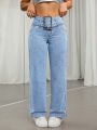 SHEIN ICON Buckle Belted Straight Leg Jeans