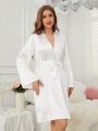 Women'S Alphabet Embroidery Belt Satin Robe