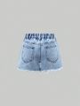 Teen Girls' Casual Cool Frayed Denim Shorts With Comfortable Elastic Waistband, Distressed Hemline, Embroidered Butterfly Detailing And Snow Wash Treatment