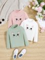 SHEIN Baby Girls' Cute Cat Expression Patterned Mock Neck Long Sleeve Top 3pcs Set For Casual Wear