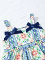 Baby Girls' Printed Pattern Dress With Bowknot Details And Spaghetti Straps