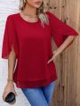 Round Neck Semi-Transparent Fabric Color Block Puff Sleeve Shirt