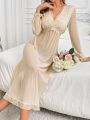 Long Sleeved Lace Patchwork Sleepwear Dress