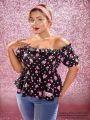 SHEIN Plus Floral & Polka Dot Print Off Shoulder Peplum Top