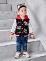 SHEIN Baby Boys' Cartoon Letter Print Hooded Baseball Jacket With Contrast Color