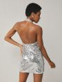 Angela Mastrolia SHEIN X Angela Mastrolia Sequins Silver Dress With Black Velvet Bows