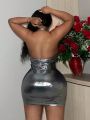 SHEIN Slayr Plus Size Metallic Feeling Drawstring Halter Backless Dress