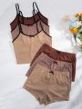 3pcs Contrast Binding Cami Top & 3pcs Bow Front Shorts Lounge Set