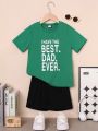 Little Boys' Slogan Printed Round Neck Short Sleeve T-Shirt And Solid Color Shorts 2pcs/Set