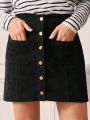 SHEIN Frenchy Women'S Plus Size
Corduroy Solid Color Button Decor Pencil Skirt With Pockets